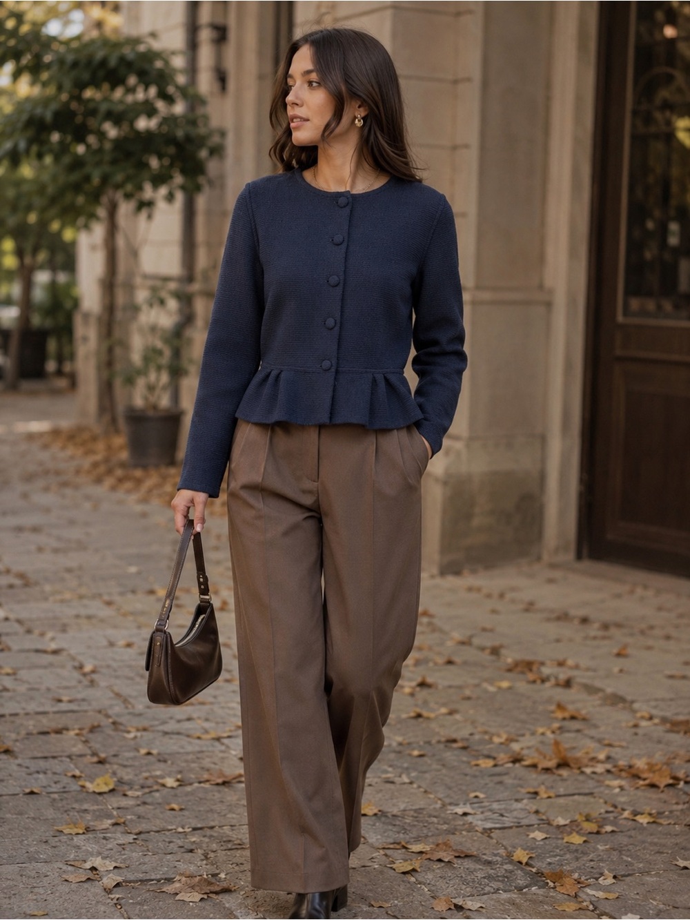 Navy Peplum Button-Front Cardigan